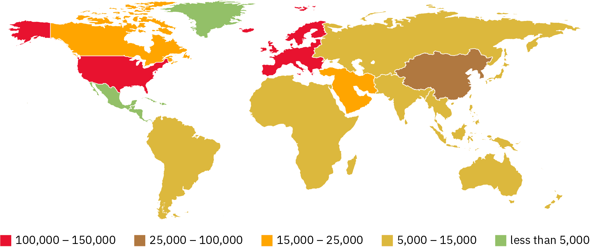 A map with shading to indicate the number of ongoing clinical trials in various regions. The following regions have 100,000 - 150,000: the United States, Western Europe. The following region has 25,000 - 100,000: China. The following regions have 15,000 - 25,000: Canada, the Middle East. The following regions have 5,000 - 15,000: South America, Africa, Russia, Eastern Europe, Southeast Asia, Australia. The following regions have less than 5,000: Mexico, Central America, Greenland.