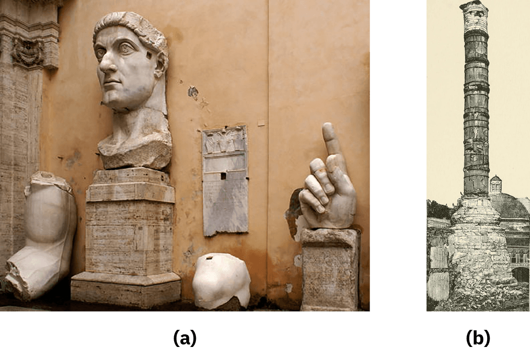 Image a shows a picture of broken pieces of a statue are shown in a row. At the left a piece of a bicep and elbow lean against a pale orange wall with veins shown running in the arm. Next to that is a stone pedestal with a stone neck and face. The chin has a cleft in it and the nose is large. The statue’s eyes are round and look up and there is a crown around the head. A small square is cut out on the statue’s left temple. Next to the head a piece of a knee lies on the ground with a tablet hanging on the wall above it. The rectangle tablet has carvings at the top, a blank space underneath, and faded words carved in the bottom half. To the right on a short pedestal is a statue of a right hand with the pointer finger and thumb pointed up, while the other three fingers point down. The nails are short and there are some cracks in the hand. The wall behind the statue pieces is orange and faded and has water stains all over. The left portion shows an adjoining wall that appears to be stone with some carving at the top. Image b shows a picture of a tall, round, stone column is shown. The column is made up of cylindrical portions with lines running vertically until the last portion on top, where the lines turn horizonal. A small square stone sits at the top. The pedestal is made up of rectangular bricks. Rubble is seen at the bottom and to the left are some wooden looking square objects. A building is in the background on the right with a half circle dome on top, topped with a small round structure with another circular dome. The background shows yellow sky and some trees.