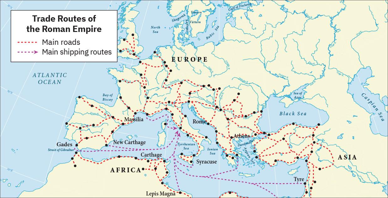 A map is shown with land highlighted beige and water highlighted blue. Europe is labelled in the north, Africa is labelled in the south, and Asia is labelled in the southeast. The Baltic Sea, the Gulf of Finland, Skagerrak, Kattegat, Vanern, Vattern, and the North Sea are labelled in the north of the map. The Atlantic Ocean, the Bay of Biscay, and the Strait of Gibraltar are labelled in the east. The Black Sea, the Sea of Azov, and the Caspian Sea are labelled in the east. The Tyrrhenian Sea, the Ionian Sea, the Aegean Sea, and the Dardanelles are labelled in the south of the map. Black dots litter the map indicating cities, with these labelled from west to east: Gades, New Carthage, Massilia, Carthage, Lepis Magna, Syracuse, Rome, Athens, and Tyre. Dashed lines crisscross the map connecting the cities and Sea routes crisscross the waters connecting the cities. “Main roads” are labelled with dotted red lines and “Main shipping routes” are labelled with dotted purple lines.