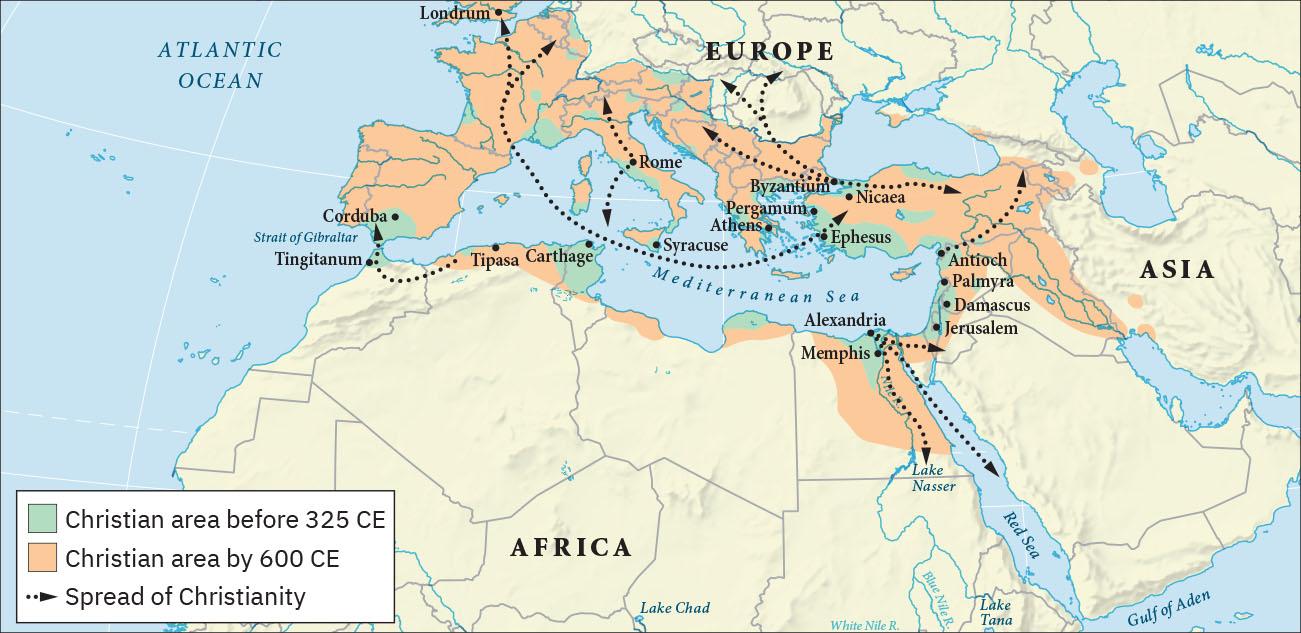 A map is shown. Land is highlighted beige and water is highlighted blue. White lines crisscross the map and blue and gray lines are shown on the land. Africa is labelled in the south, Europe in the north, and Asia in the east. The Atlantic Ocean is labelled to the northwest, the Mediterranean Sea is labelled in the middle, and the Red Sea and the Gulf of Aden are labelled in the southeast. Green areas labelled on the map indicate “Christian area before 325 CE.” Areas highlighted green include: small areas north and south of the Strait of Gibraltar, small areas all along the coast of the Mediterranean Sea, small areas to the east of the city of Londrum as well as south on the coast, small areas in the south of Europe, and small areas north and north east of the city of Nicaea. Orange areas labelled on the map indicate “Christian area by 600 CE.” Orange areas labelled on the map include: most of western Europe, southern Europe, small areas along the northern African coast, and a large area to the east of the Mediterranean Sea on the way to Asia. Black dotted arrows run throughout the map. One arrow begins just southwest of Tipasa in Africa and runs west, then turns north to head through the city of Tingitanum and then across the Strait of Gibraltar to the city of Corduba in Europe. Another black dotted line with arrows on both ends runs between the city of Ephesus in the northern part of the Mediterranean west and then north to the city of Londrum in northern Europe. It also splits off to the northeast before it hits Londrum. Two dotted arrow lines start in the city of Rome – one heads north and one heads south. Three dotted arrowed lines begin in the city of Byzantium – one heads east just north of the city of Nicaea, one heads northwest and one heads north into Europe, splitting into two. A dotted arrowed line begins in Antioch and heads northeast. Three lines begin in Alexandria – one heads south past the city of Memphis and toward Lake Nasser in Africa, one lines heads south through the middle of the Red Sea, and one heads east to just south of Jerusalem. Other cities labelled on the map, from west to east are: Syracuse, Athens, Pergamum, Palmyra, and Damascus.