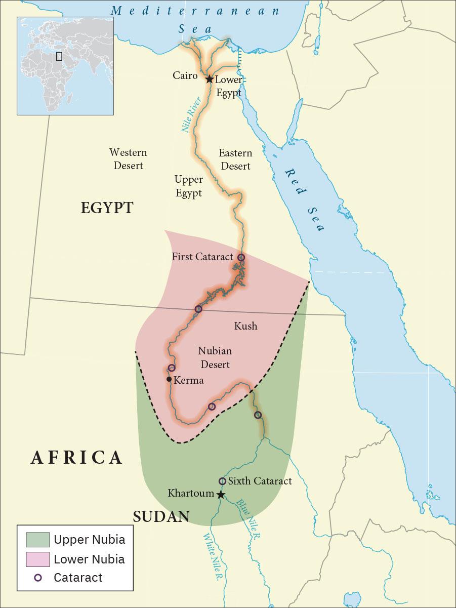 Two maps are shown. A very tiny gray and blue map is shown in the top left corner of the continent of Africa with a black square located toward the northeastern portion. A larger map shows this black square enlarged. The Mediterranean Sea is to the north, the Red Sea is to the east, and Egypt and most of Sudan is shown in Africa. An area in southern Egypt and northern Sudan is highlighted pink to represent “Lower Nubia.” A “U” shaped area below the green in Sudan is highlighted green to represent “Lower Nubia.” The Nile River is labelled and highlighted yellow from north of Cairo in Egypt down to north of Khartoum in Sudan.  Past Khartoum it splits off into the “Blue Nile R.” and the “White Nile R.”  Six circles are shown along the Nile River in Upper and Lower Nubia to represent “Cataract,” with the First and Sixth Cataracts labelled. Between the city of Cairo and the city of Khartoum these locations are labelled, from north to south: Lower Egypt, Eastern Desert, Western Desert, Upper Egypt, Kush, Kerma, and the Nubian Desert.