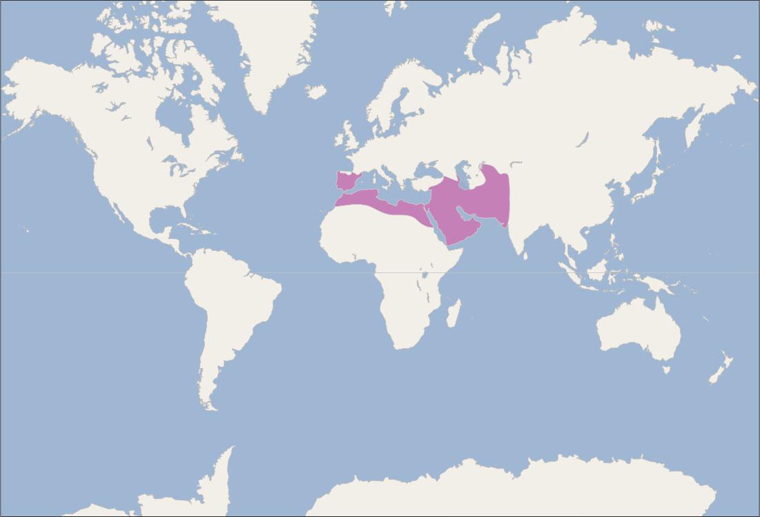 A map of the world is shown. A thin, oval area along Africa’s northern coastline is highlighted purple. Most of Spain is also highlighted as well as the countries of Saudi Arabia, Israel, Palestine, Lebanon, Syria, Iraq, Iran, Yemen, Oman, Kuwait, Bahrain, Qatar, United Arab Emirates, and the western portions of Afghanistan and Pakistan.