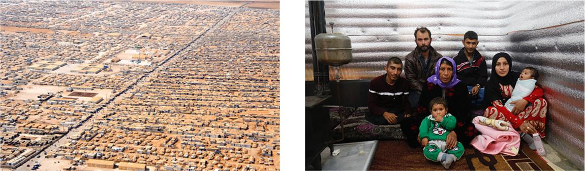 (left) Color photograph taken from a great height of a large conglomeration of small, tightly spaced buildings. The image is very monochrome, with everything various shades of tan. There is no vegetation visible in the scene; (right) Color photograph of a group of people sitting together inside a small room with metal walls and a boldly patterned rug on the floor. In the front of the group is a young child, perhaps 1 or 2 years old. Behind the child sit three people, a man and two women. The women wear head scarves. The younger of the two woman holds an infant swaddled in a blanket. In the back row are two men. Other than the infant, all look directly at the camera with relaxed but unsmiling expressions.