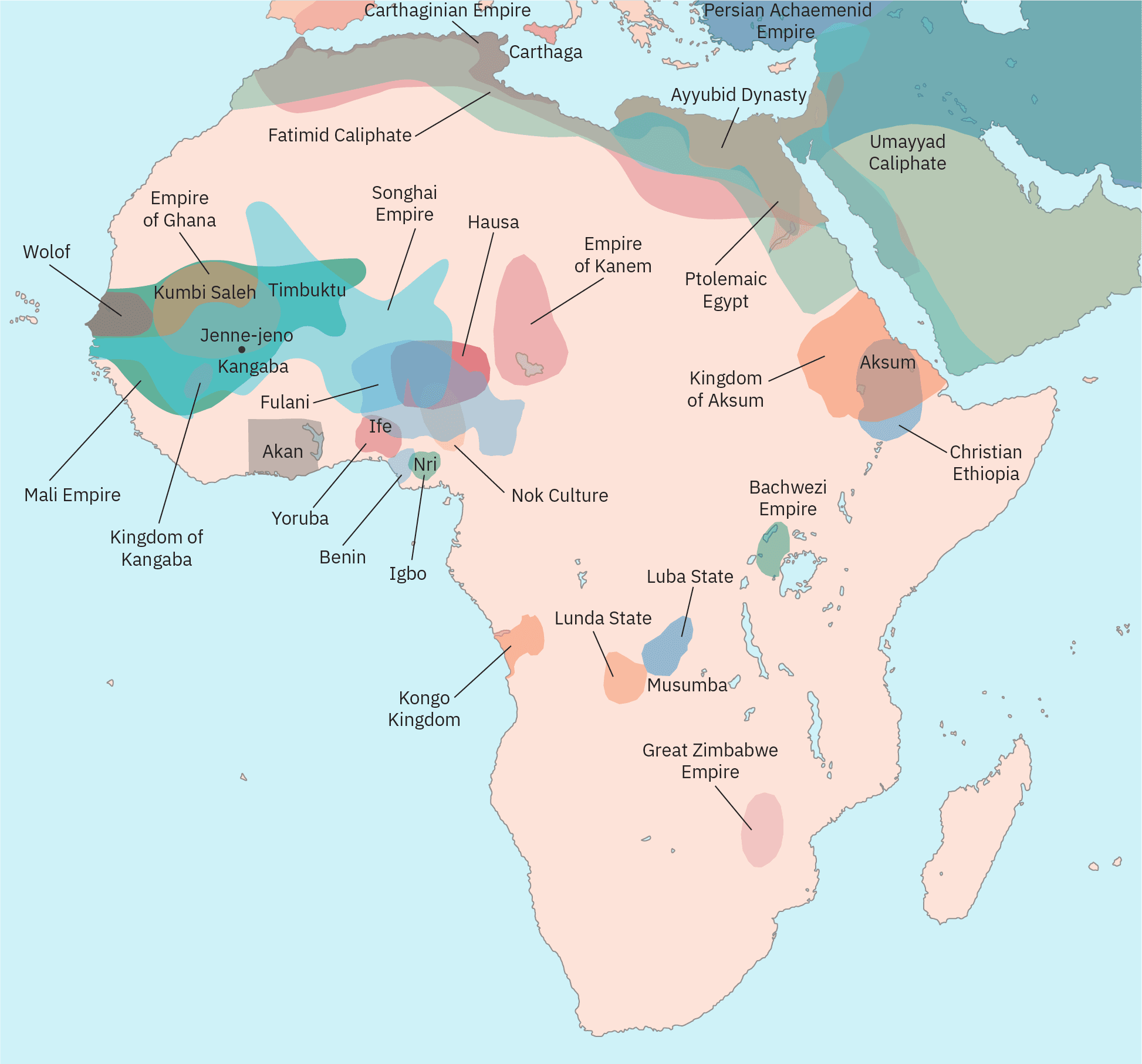 Outline of Africa with areas shaded to indicate precolonial political entities. These areas are smaller and much more localized than contemporary nation-states. Much of the map is unshaded, indicating no centralized state or empire.