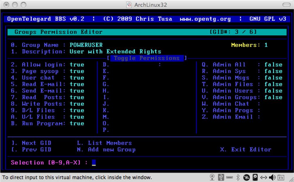 An image of a black computer screen with words and numbers typed in white, blue, green and pink all over is shown. Across the top in a gray bar are three circles on the left, the words “ArchLinux32” in the middle and an oval rectangle on the right. Across the bottom in a gray bar are the words “To direct input to this virtual machine, click inside the window.” are printed. On the bottom right are 10 icons: a picture of a camera, a gray box with a line branching off in three parts, a rectangle with a dark rectangle on the bottom, a line with two lines in a “v” shape on the left and two triangles on the right, a black circle with many other circles inside and two white dots on either side, a rectangle with a white circle at the top, three squares with “<” on the left and “>” on the right of those squares, a speaker with round circles coming out on the right, and a box with two people walking toward each other in it. At the bottom right are three lines drawn across the corner.