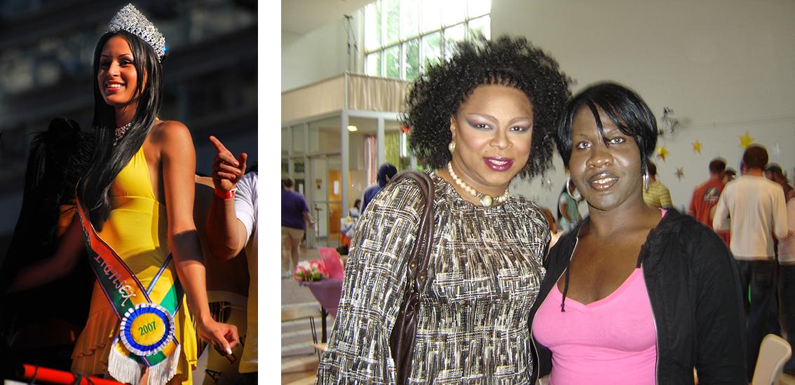 Left: A woman with long hair wearing a crown and a sash; Right: Two transgender women posing for a photograph.