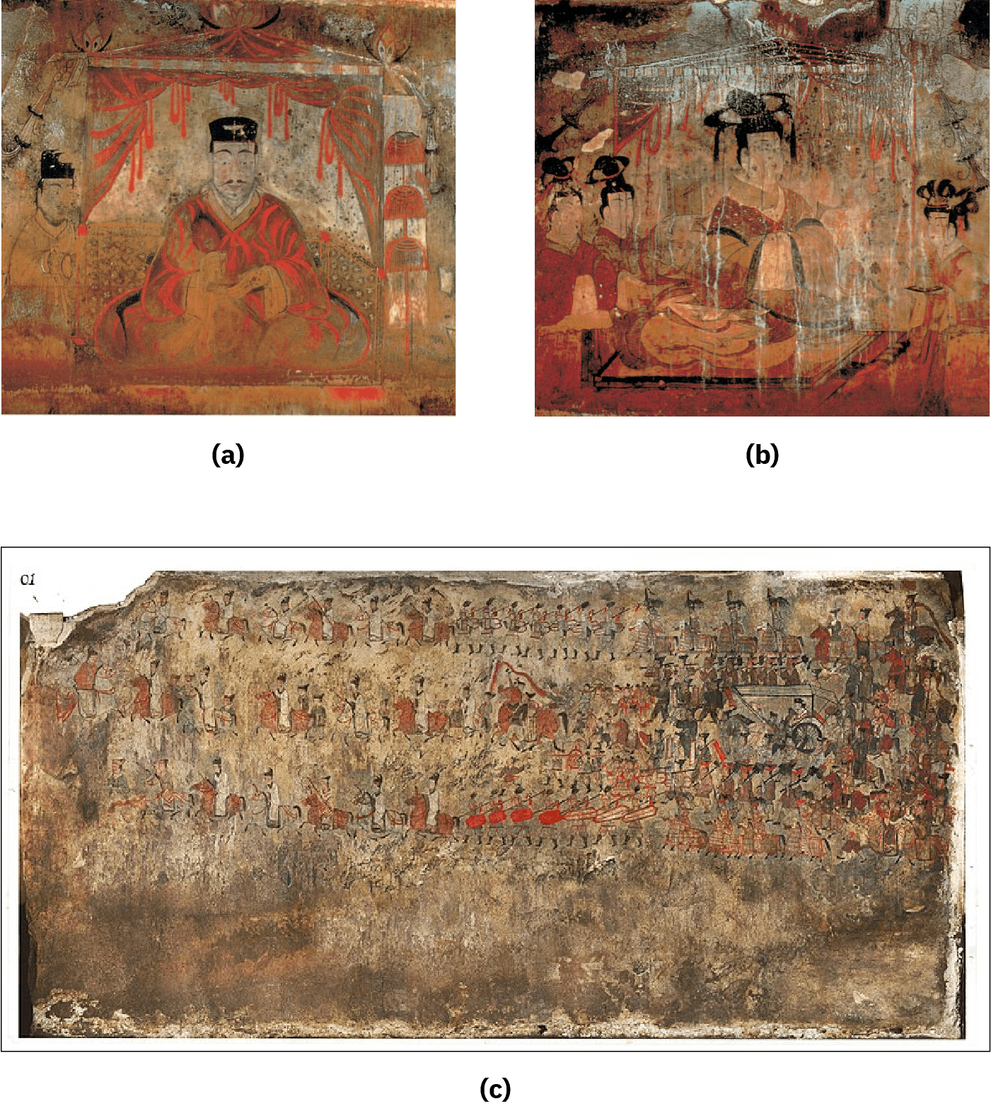 Three images of faded paintings are shown on gray, brown, and black stone walls. (a) An image shows a man sitting cross-legged in long red robes with neon orange highlights. He wears a flat black cap, has small eyes, dark eyebrows, and a small thin moustache. He is looking down at his hands, which are raised in front of his chest. He holds a flat object in his left hand and an oval shaped object is his right hand. He is sitting in a square tent with a triangle shape on top with the curtains open in the front and hanging over his head. To the left a faded image of a figure is shown with a black hat, small eyes, thin moustache and wearing yellowing robes. To the right of the tent three half circles in orange with stripes are stacked on a pole. Faded images surround the tent in orange, black and white colors. (b) A very faded image of a woman sitting on a square, flat platform facing to the right is shown. She is dressed in thick red, orange, white, and black robes and her hands are hidden in the opposite sleeves of her robe at chest level. She shows a small red mouth, but most of her facial details are faded. Her hair is black and stacked on her head in a tall bun with a halo of black with tails surrounding it. She sits under a faded square tent with the sides draped at the top in white, black, and neon orange colors. Faded white wavy lines run down her image from the top of the tent to the floor. To the left, two figures are seen in long red robes with stone colored trim. Their black hair is piled on their heads in tall buns with halos surrounding the bun. Red details are seen in the hair. Their facial features are faded, but small, red lips are shown. A figure to the right is shown in faded long red and orange robes holding a black plate and faded saucer in her hands at chest level. Her red mouth and black eyebrows show and her black hair is piled on top of her head in a series of half-moon projections with an ornate headband in the middle. Faded images surround the tent in black colors and the bottom of the image is painted orange and red. (c) A very faded images shows on a rectangular stone, with a broken top left corner and worn and faded edges in black, brown, and white colors. The bottom third of the image is varying shades of brown stone with no images. The top two thirds of the image show three rows of figures and animals walking to the left. The top row shows six figures in long white robes riding brown horses. Next, seven figures in black boots walk holding long black thin objects over their shoulders. Four figures on horses clad in decorative blankets sit with large black hats and hold long black poles. The second row shows a large figure in an orange robe siting on a red reined horse facing to the right. A figure on a brown horse in a white robe is next, facing to the left. Behind the horse, three figures of varying sizes stand in robes of white and green. A similar image of this four group of people follows two more times and then a figure in green robes holding a long red stick with a long red, thin flag is shown walking. A large brown horse follows with a figure in brown walking next to it. A blurry image follows which shows a group in brown walking as well as a triangle shaped chariot of sorts. The last row shows very faded riders in long robes of white on brown horses. Following is a group with black boots, red shields and long black poles. Horses clad in blankets show next with riders in matching outfits. At the right a large mass of figures stands behind the three rows sitting on horses. Details are faded but brown horses are seen and figures clad in long dark robes.