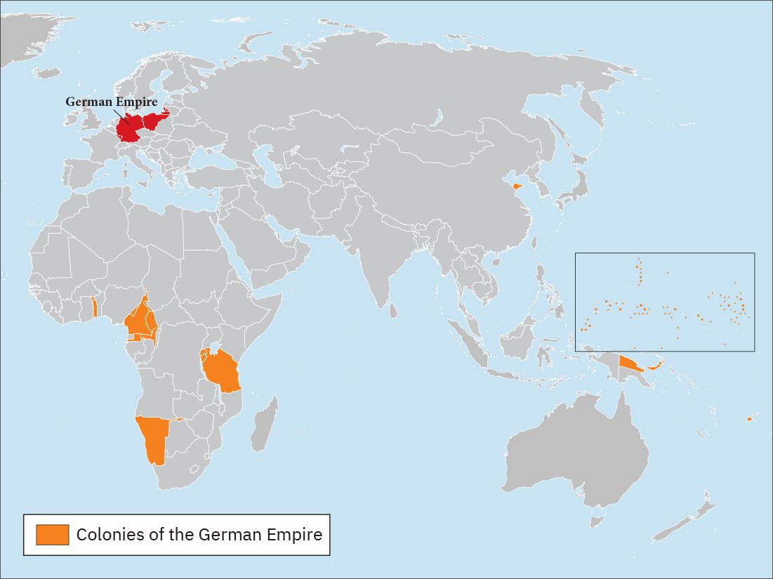 A map of Europe, Asia, Africa, and Australia is shown. In Europe, Germany and part of Poland is shaded red, indicating Germany. The following areas are shaded orange, indicating German colonies:  in Africa: Togo in West Africa, a region including Cameroon, Namibia, a region including Tanzania; In Asia, a peninsula in China; in Southeast Asia: multiple islands in the Pacific and part of Papua New Guinea.