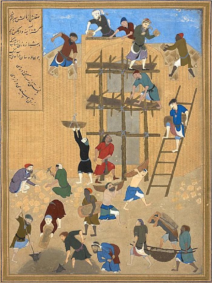 A drawing is shown with men working to build a building. At the top of the drawing there is blue sky seen over the walls and a vertical beige-colored panel on the left with ancient writing in black ink. One wall of a beige building is seen with vertical lines and a gray arched opening in the middle. A brown scaffolding is seen in front of the doorway with two men – one on the top tier with a tool and a brick looking down while a man below him on the next tier holds on to one of the side beams. Above them on the roof in the middle, two men are laying bricks while a man on the right side hands them the bricks. A man on the left side is lowering a basket with a rope to a man standing on the ground with his arms outstretched. A ladder stands to the right of the scaffolding and a man is climbing down holding a rectangular object. At the bottom of the scaffolding a man is holding a square object in his hands at his side. On the ground in the forefront there are men working at various tasks. Two men are chipping away at stone, two men dig while one man leans over with a rectangular object close by, five men carry various items on their backs and in their arms, and two men are carrying a stretcher of stones. All of the men are dressed in a variety of solid colored loose-fitting shirts or bare-chested, wear knee length pants, turbans and head cloths, belts, and caps and all but one are barefoot. They all have different skin colors and some have facial hair.