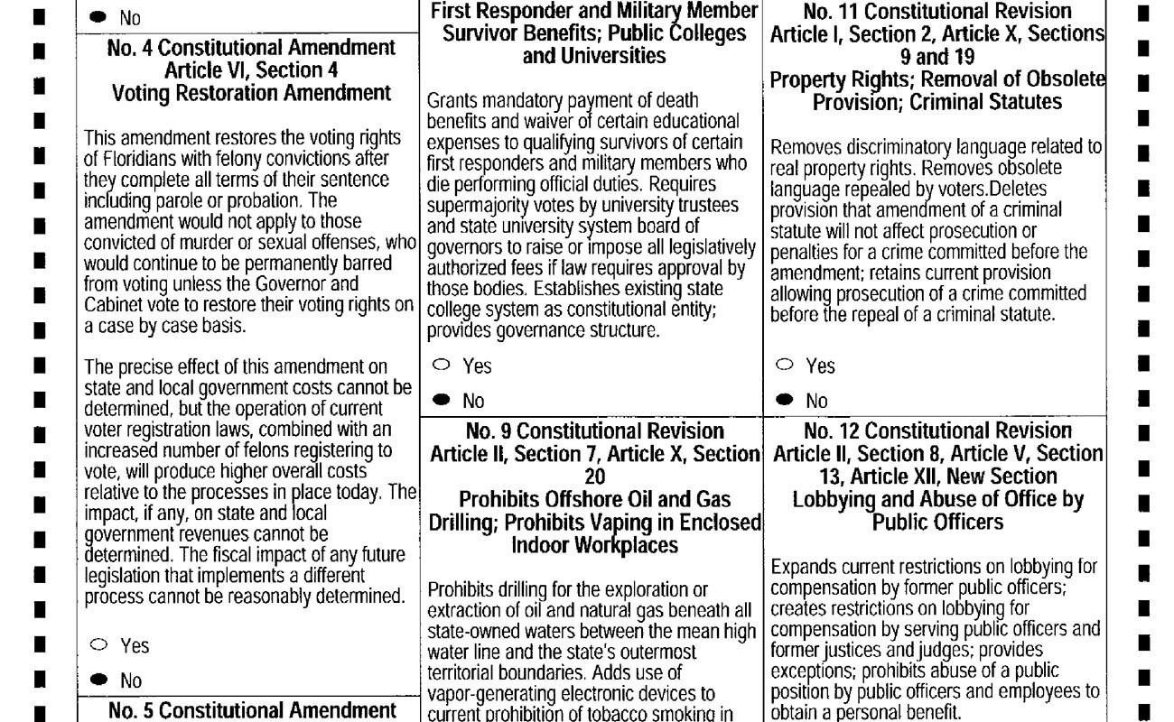 A Florida Ballot from 2018 shows various amendments being voted on by referendum. One reads: This amendment restores the voting rights of Floridians with felony convictions after they complete all terms of their sentence including parole or probation. The amendment would not apply to those convicted of murder or sexual offenses, who would continue to be permanently barred from voting unless the Governor and Cabinet vote to restore their voting rights on a case by case basis.