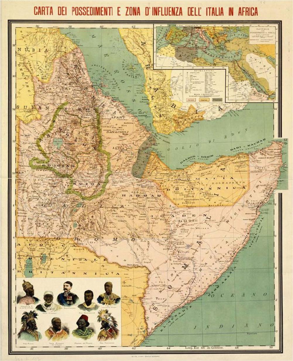 A very detailed map of the Horn of Africa is shown, with names for countries, cities, rivers, and other locations labelled. Across the top of the map in red letters, it is labelled “Carta Dei Possedimenti E Zona D’Influenze Dell’ Italia in Africa.” An “L” shaped inset at the top right shows a close up of the Mediterranean Sea and some of the countries surrounding it, also labeled intricately. The bottom left of the map displays a rectangular white box with nine men’s pictures in two rows. All are African except for the middle man in the top row, who is European. The men are all shown in richly decorated shirts with most wearing hats with feathers and jewels. One man is dressed in a plain white shirt and plain white hat. The European man has a moustache and wears a blue military jacket with many colorful medals pinned on his left chest. Names are written underneath their pictures.