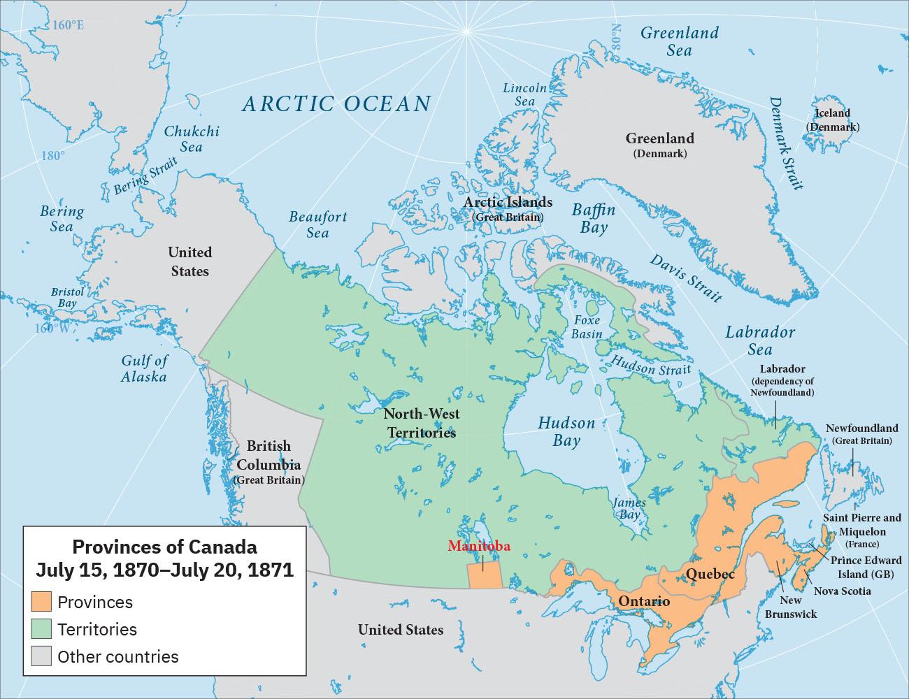 A map of the Arctic Ocean, Canada, Greenland, and the top portion of the United States is shown. A legend is labeled “Provinces of Canada; July 15, 1870–July 20, 1871.” On the legend, the color orange indicates “Provinces,” green indicates “Territories,” and gray indicates “Other countries.” Most of Canada (except for a rectangular portion in the southwest labelled “British Columbia (Great Britain)), is highlighted green and labeled “North-West Territories.” A square section at the bottom middle of Canada labeled “Manitoba” is highlighted orange as well as a long section along the bottom of Canada on the southeastern edge, including places labeled “Ontario, Quebec, New Brunswick, Nova Scotia, Prince Edward Island (GB), and Saint Pierre and Miquelon (France).” All the other lands shown are highlighted gray.