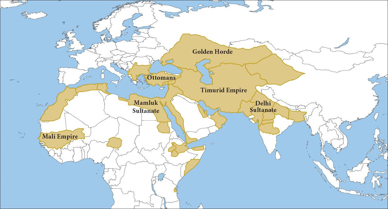 A large mass of land is shown in white and water is indicated in blue. Blue is seen along the west and in the southeast. Bodies of water are also seen in the middle. Areas are highlighted gold and labelled. An area in the west is labelled Mali Empire, and in the middle of the map, from north to south, areas in gold are: Golden Horde, Ottomans, Timurid Empire, Mamluk Sultanate, and Delhi Sultanate.