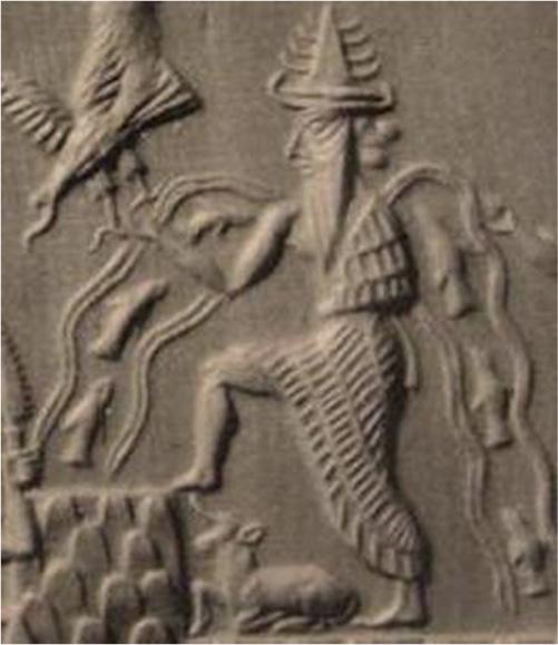 A picture of a brown stone carving is shown. In the carving a man is shown facing left with his right foot up on a scalloped, square image with his left foot on the ground. He wears a pointed hat on his head with three projections sticking out on each side, he has a long beard, and wears long striped robes. He is holding his arm out and a large bird is shown sitting on his hand. He has two squiggly lines coming out of each of his shoulders heading toward the ground in an arc with fish shown inside the lines facing up. A horned animal sits below his right leg.