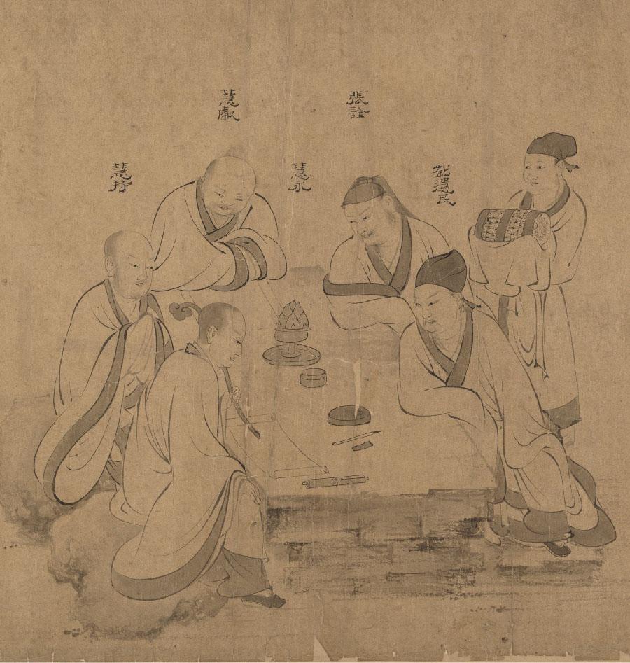 An image of a drawing is shown on a dark brown paper with ripped edges along the bottom. The black drawing shows five figures sitting around a rectangular table with a sixth figure standing in the right side of the image. The figures at the table wear long light colored robes with darker trim around the edges and dark slippers. Three on the left have hair in buns and two have facial hair, while the other two on the right side of the table wear dark hats and have long moustaches. The man standing has no facial hair and a dark hat. On the table there are three round objects and writing implements as well as scrolls of paper. The man standing holds a roll that is dark and decorated. Five Asian letterings are seen on the background.