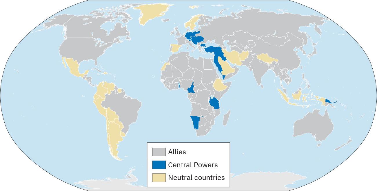 This is a map of the world which highlights the allied nations, central powers, and neutral countries during World War I. Central powers include: Germany, Austria-Hungary, Bulgaria, Turkey, Ottoman Empire, Togo, Cameroon, Tanzania, Namibia, and Papua New Guinea. Neutral countries includes: Mexico, Greenland, Argentina, Uruguay, Chile, Bolivia, Paraguay, Peru, Ecuador, Columbia, Venezuela, Suriname, Western Sahara, Spain, Norway, Sweden, Ethiopia, Saudi Arabia, Iran, Afghanistan, part of China, and Indonesia.