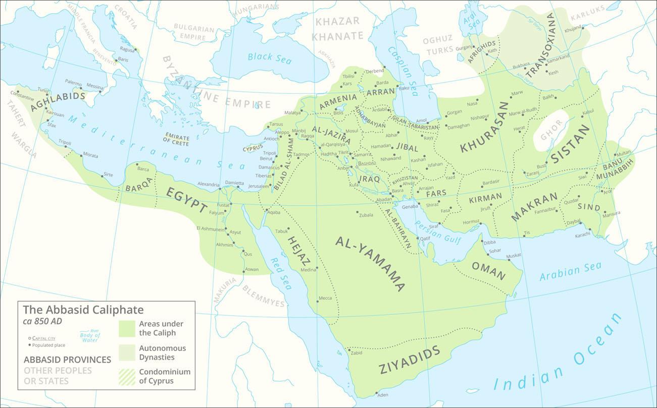 A map is shown labelled “The Abbasid Caliphate ca 850 AD.” The map shows land in white and water in blue. Crisscrossing dark blue lines run throughout the map. The Black Sea, the Caspian Sea, and the Aral Sea are labelled in the north. The Mediterranean Sea is labelled in the west and the Red Sea, the Persian Gulf, the Arabian Sea, and the Indian Ocean are labelled in the south. Along the north of the map the land is highlighted white with areas labelled in gray capital letters indicating “Abbasid Provinces.” These areas are, from west to east: Middle Francia, Beneventa (with the city of Messina labelled within with a black dot and the city of Baris labelled with a black dot and highlighted lime green), Croatia (with the city of Ragusa labelled with a black dot and highlighted lime green), Bulgarian Empire, Byzantine Empire, Hungarians, Khazar Khanate, Abkhazia, Oghuz Turks, and Karluks. Southeast of the Aral Sea a small oval area is highlighted white and labelled “Ghor.” In the very south of the map two areas are labelled Makuria and Blemmyes. In the west , a “P” shaped slice of land on the southern border of the Mediterranean Sea as well as half of an island to its north is highlighted lime green indicating “Autonomous Dynasties” and labelled Aghlabids. Cities labelled within this area include: Tunis, Constantine, Kairouan, Sfax, Tripoli, and Palermo on the island. Two oval areas in the northeast of the map are also highlighted lime green. A smaller one is labelled “Afrighids” with the cities of Kath and Gurganj labelled within. The larger one is labelled “Transoxiana” with the cities of Bukhara, Khujand, Samarkand, and Kesh labelled with. The rivers of Syr Darya and Amu Darya are labelled in this area. In the Mediterranean Sea two islands are highlighted with lime green stripes and labelled “Emirate of Crete” and “Cyprus” indicating “Condominium of Cyprus.” Much of the land is highlighted green indicating “Areas under the Caliph.” Starting in the west, these areas are: an unlabeled area with the cities of Misrata and Sirte, Barqa with the city of Barca, “Egypt” with the cities of Alexandria, Damisetta, Fustat, Falyum, El Ashmunein, Asyut, Akhmim, Qus, and Aswan labelled as well as the Nile River. To the southeast an area is labelled “Hejaz” with the cities of Tabuk, Medina and Mecca labelled. Going east is an area labelled “Al-Yamama” with the city of Zubala labelled within. East of that is an area labelled “Al-Bahrayn” with the city of Qatif labelled within. Going southeast an area is labelled “Oman” with the cities of Dibba, Sohar, and Muskat labelled within. South of Al-Yamama is an area labelled “Ziyadida” with the cities of Zabid and Aden labelled within. Going north of Al-Yamama is an area ls labelled Bilad Al-Sham with the cities of Aquaba, Jerusalem, Tiberias, Damascus, Beirut, Tripoli, Tadmos, Antioch, Aleppo, Manbij, Tarsus, and Malatya labelled. Heading northeast an area is labelled “Armenia” with the cities of Tbillisi, Kars, and Bitlis labelled within. East of Armenia is an area labelled “Arran” with the cities of Derbend, Barda, and Baku labelled. South of Armenia is an area labelled “Al-Jazira” with the cities of Mosul, Raqqa, al-Qarqisiya, Tikrit, and Haditha labelled within. Heading east is an area labelled “Adharbayjan” with the city of Ardabil labelled within. South of Al-Jazira is an area labelled “Iraq” with the cities of Samarra, Anbar, Kufa, and Abadan labelled. The city of Baghdad is also labelled with a hollow black circle indicating it is a capital city. To the east is an area labelled “Jibal” with the cities of Abhar, Rayy, Hamadan, Nihwand, Kashan, and Isfahan labelled within. To the east is an area labelled “Gilan-Tabaristan” with the city of Amol labelled. South of Jibal is “Khuzistan” with Ahvaz and Basra labelled. “Fars” is south with the cities of Yazd, Arrajan, Shiraz, and Fasa labelled. Northeast of Fars is “Khurasan” with the cities of Nasa, Marw, Gorgan, Nishapur, Damaghan, Marw al-Rudh, and Herat labelled. To the south “Kirman” is labelled with Bardasir, Jiruft, and Hormuz labelled within. Going east is “Makran” with Siwi, Fannazbur, and Tis labelled. Going east is “Sind” with Aror, Quzdar, Mansura, Daybal, and Karachi labelled. Heading northeast is “Banu Munabbih” with the city of Multan labelled within. Heading northwest is “Sistan” with the cities of Kabul, Bust, and Zaranj labelled. An unlabeled area is north of Sistan with the city of Balikh labelled within.