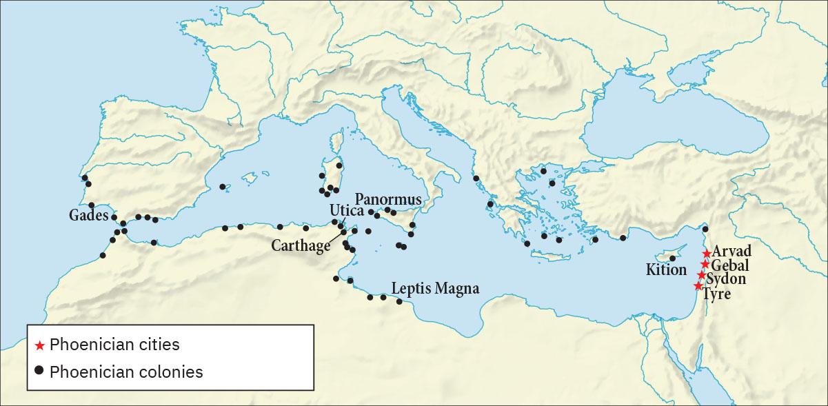 A map is shown with land highlighted beige and water highlighted with blue. A blue area is located in the middle with an oval section in the northeast of the map as well as in the northwest. A small, long thin area of blue is located in the southeast of the map. Black dots litter the coast of the land surrounding the middle body of water indicating “Phoenician colonies.” The cities labelled on these black dots, from west to east are: Gades, Carthage, Utica, Panormus, Leptis Magna, and Kition. Red stars are located on the eastern coast of the middle body of water and are labelled: Arvad, Gebal, Sydon, and Tyre indicating “Phoenician cities.”