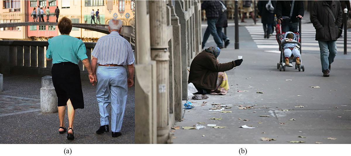 In figure (a), an older man and woman, wearing casual dress, are shown from behind walking in a public plaza setting. In figure (b), a homeless person, dressed in shabby clothing, is shown sitting on a city sidewalk, holding a plastic cup, begging for change from passers-by.