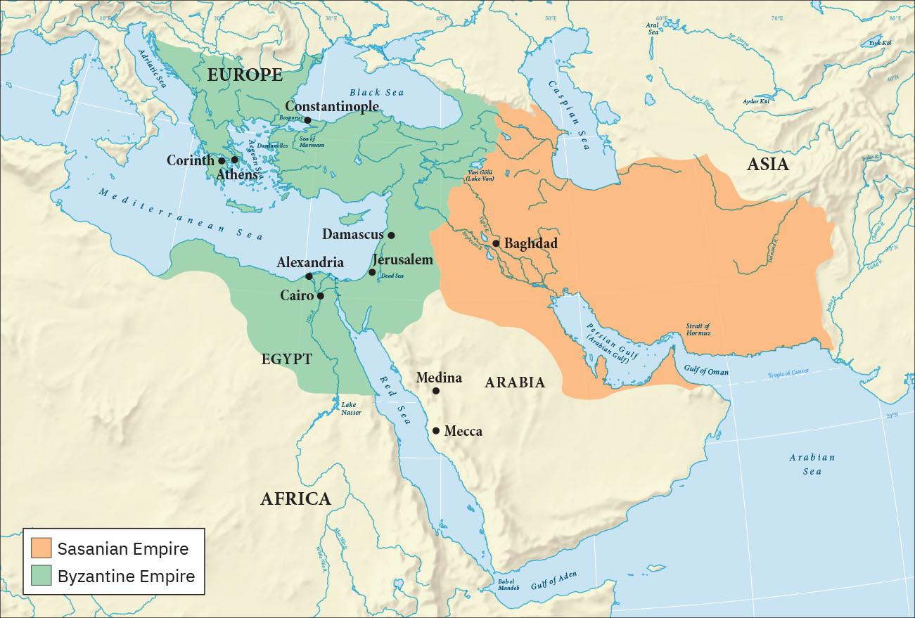 A map is shown of the northeastern portion of Africa, southeastern Europe, and southwestern Asia. The Adriatic Sea, Mediterranean Sea, Aegean Sea, Black Sea, Red Sea, Gulf of Aden, Arabian Sea, Persian Gulf (Arabian Gulf), Caspian Sea, and Gulf of Oman are labeled. A section of southern Europe east of Italy through Greece and Turkey, south through Syria, Israel, Jordan, and extending to a northeastern portion of Egypt is highlighted orange to denote “Sasanian Empire.” A thin coastal section along the Persian Gulf of northeastern Saudi Arabia including Qatar and some of the United Arab Emirates are highlighted green to denote “Byzantine Empire.” Other lands highlighted green include areas heading north from there through Iraq, Iran, and the western portions of Pakistan and Afghanistan.