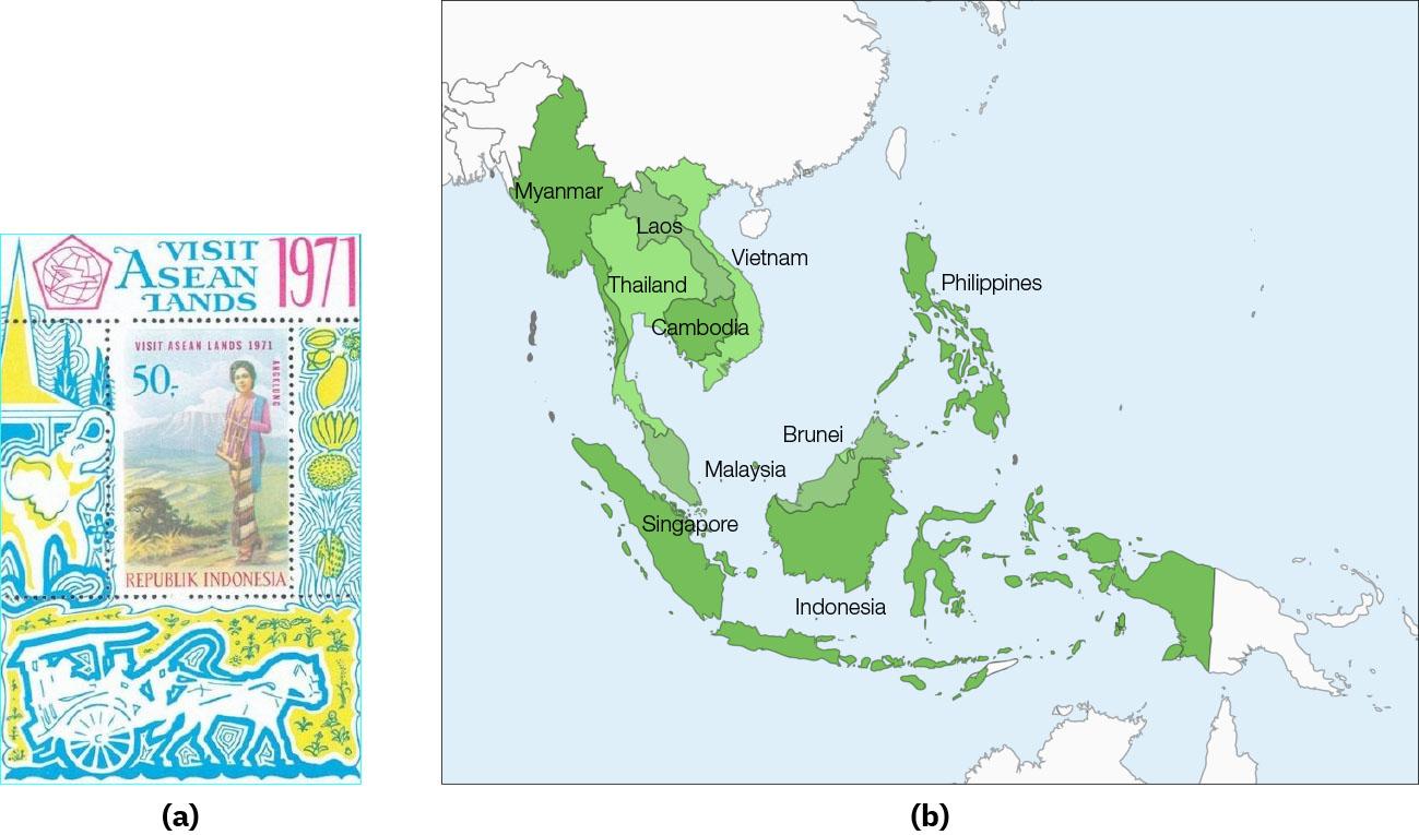 Two images are shown. (a) The image on the left shows a rectangular stamp. In the middle is the image of a lady standing in a grassy field, in front of a tree and mountains. She is wearing a pink, long-sleeved shirt, brown and white striped skirt, heeled sandals, and a blue scarf over her left shoulder while holding a wooden, slatted instrument. Below her the words “Republik Indonesia” are written in red, and above her head the words “Visit Asean Lands 1971” are also written in red. “Angklung” is written along the right from top to bottom in red. At the left in blue is the number “50.” Across the top of the stamp on the left is a maroon pentagon with a gridded circle and a bird drawn inside. In the middle are the words “Visit Asean Lands” in blue with “1971” written on the right in maroon. Along the left side of the stamp in blue, white and yellow, is a drawing of an elephant with their trunk up among flower and tree designs and a pointy yellow mountain in the background and blue striped swirling clouds. Along the right side there are papayas, bananas, pineapples, and other various fruits drawn in yellow with blue designs surrounding them. Across the bottom of the picture is a drawing of a horse pulling a covered carriage with a driver in white and blue on a yellow background with flowers. (b) The image on the right side shows land and islands in Southeast Asia. The areas are highlighted varying shades of green. The countries and their colors are, from north to south: Myanmar (dark green), Laos (green), Vietnam (light green), Thailand (light green), Philippines (dark green), Cambodia (dark green), Brunei (light green), Malaysia (green), Singapore (dark green), and Indonesia (dark green).