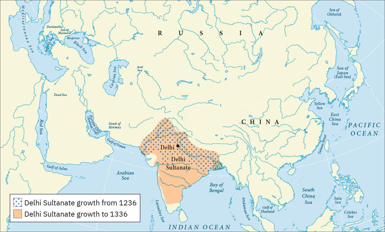 A map is shown, land highlighted beige and water blue. In the northwest, the Mediterranean Sea, the Aegean Sea, the Black Sea, the Dardanelles, the Sea of Marmara, and the Bosporus are labelled. Just east of the Black Sea the Caspian Sea and the Aral Sea are labelled. In the west, the Red Sea, the Dead Sea, the Persian Gulf (Arabian Gulf) the Gulf of Oman, and the Gulf of Aden are labelled. In the south, the Arabian Sea, the Laccadive Sea, the Indian Ocean, the Bay of Bengal, the Andaman Sea, the Gulf of Thailand, the South China Sea, the Sulu Sea, and the Celebes Sea are labelled. In the east, the Pacific Ocean, the Taiwan Strait, the East China Sea, the Yellow Sea and the Sea of Japan (East Sea) are labelled. In the northeast, the Sea of Okhotsk is labelled. The north area of the land is labelled “Russia” and the southeast is labelled “China.” Southwest of China an area is highlighted orange indicating “Delhi Sultanate growth to 1336” and labelled “Delhi Sultanate.” The city of Delhi is labelled with a black dot in the north of this area. The north half of this area is also overlaid with blue dots indicating “Delhi Sultanate growth from 1236.”