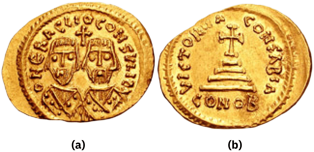 An image of two gold coins is shown. Both are oval in shape, gold colored, with a circular ridge on the perimeter of the coin, with parts faded and missing. (a) The one on the left depicts two men’s heads with hair to their ears, large round eyes, a thin nose, beard, and detailed robes. A cross is shown between the heads. The letters “HERACLIO CONSVLI BA” are shown surrounding the heads around the top. (b) The coin on the right shows a cross with four horizonal lines underneath, each getting longer as it heads down. The letters “VICTORIA” are on the left perimeter and the letters “CONSABIA” are on the right perimeter. Below the lines are the letters “CONOB.”