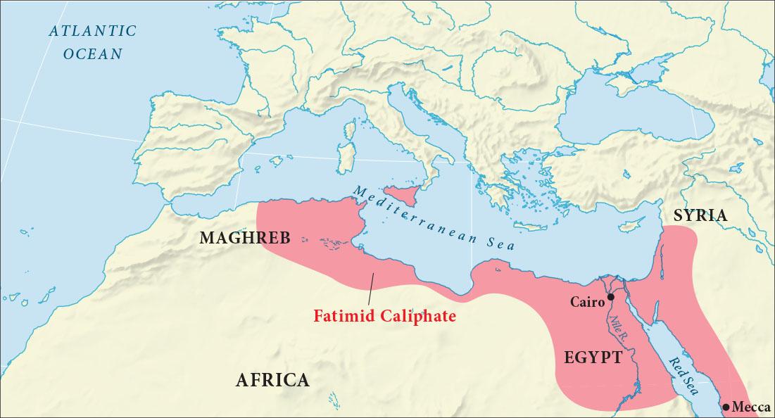 A map of the northern portion of Africa is shown with the Mediterranean Sea highlighted blue to the north as well as the country of Syria to the east. The Red Sea is labelled between Egypt and Syria. Unlabeled land highlighted beige lies north of the Mediterranean Sea and Syria, and the Atlantic Ocean is highlighted blue in the western portion of the map. An area highlighted pink runs along the Mediterranean coast in north Africa, highlights the country of Egypt, and highlights the western slice of Syria along the Red Sea. It is labelled “Fatimid Caliphate.” An area in northwestern Africa is labelled “Maghreb, with some of it highlighted beige and some highlighted pink. The Nile River is labelled in Egypt as well as the city of Cairo. Mecca is labelled on the east side of the Red Sea in the lower right of the map.