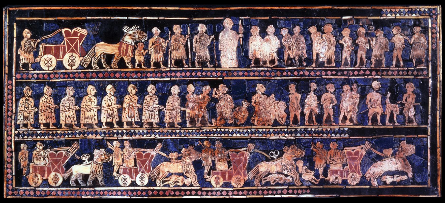 A picture of a mosaic-covered piece of art is shown. It is divided into three rows, each showing a red, gold, and black scene on a background of dark blue tiles. The top row shows, from the left, a person dressed in a robe with a helmet on his head. He holds an axe in his right hand. He holds the reins to a red and gold chariot in front of him with large decorated wheels. Four horses with red ribbons adorning their neck walk in front of the chariot in a row. A short person in a waistcloth and weapon over his shoulder stands in front of the horses under their heads. Four men in front of him are dressed as the first man in a long robe, hold axes and walking sticks in their hands, and face to the right, each getting taller in height. The image of the man furthest right is very faded. He holds a tall stick in his hand and faces eleven people standing facing him. The images are in various states of fading, but most can be seen wearing robes, some are naked, and none wear shoes. The middle row shows eight soldiers with long robes, capes with black dots all over, and helmets facing to the right and holding long sticks in their hands. Two faded figures stand to the right watching the soldier in front of them hold a long knife over a faded fallen person. The next person holds a long stick and robes in his hands over a person with their arms crossed, lying on the ground. The five people after are naked and walking, facing back and forth with their arms hanging at their sides. Some are very faded. In front of them, three soldiers facing to the right walk with a sword at their sides, the middle one only showing his bottom half. The last row shows a soldier in a short robe and helmet, facing right, standing in the upper portion of the row. In front of him are four red and cold chariots, each led by four horses with ribbons around their necks. The first chariot has one rider and the other three have two riders each, all soldiers with robes and helmets and sporting weapons. Under the horses in the second, third, and fourth chariot, there is a naked body lying on the ground and one shown falling in front of the third chariot. The images become more faded as they go to the right. The outline of the rows is made up of square red, white, and yellow pale colors and blue tiles.