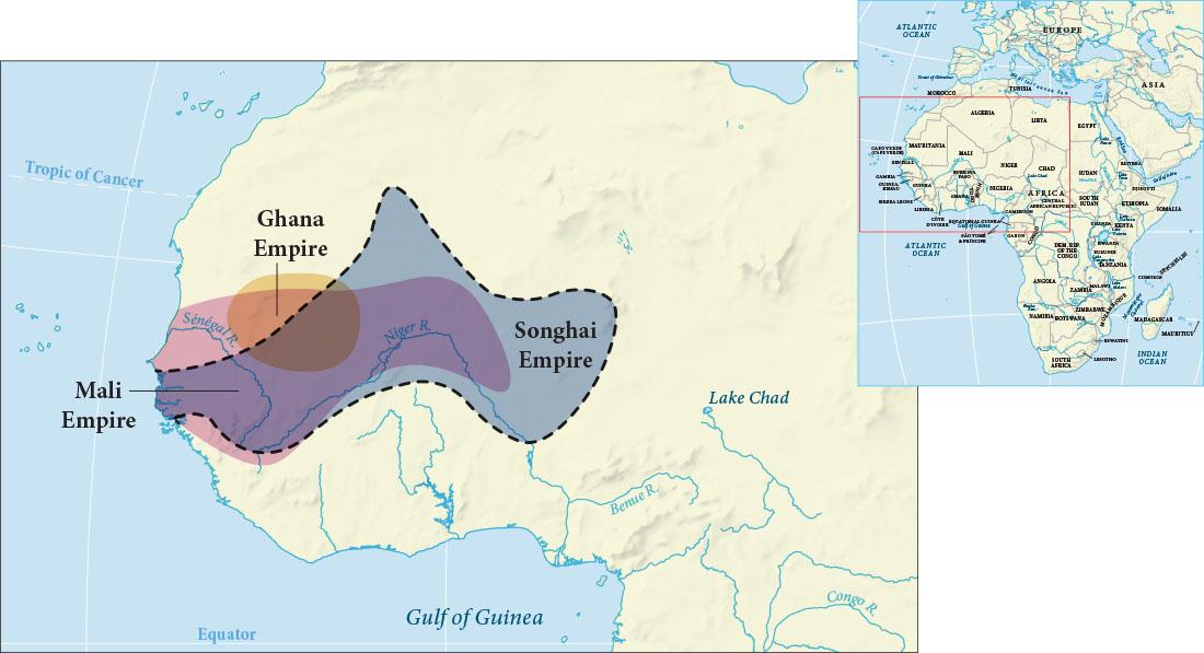 Two maps are shown. The map to the right shows the continent of Africa. Many cities are labeled and a red portion is highlighted in west Africa. The map on the left shows a zoomed-in view of west Africa. A circular area in western Africa is labeled ‘Ghana Empire.’ A pink area is labeled “Mali Empire” and stretches from the Atlantic to the middle of the map. The region overlaps with most of the region labeled “Ghana Empire.” A blue area is labeled “Songhai Empire.” It overlaps with the southeastern half of the Ghana Empire” and most of the Mali Empire. The Songhai Empire stretches beyond these empires farther north and east.