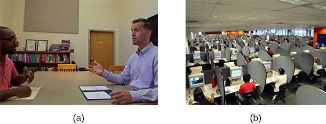 Photograph A shows two people sitting across from one another and conversing. Photograph B shows a room full of people sitting in front of computers.