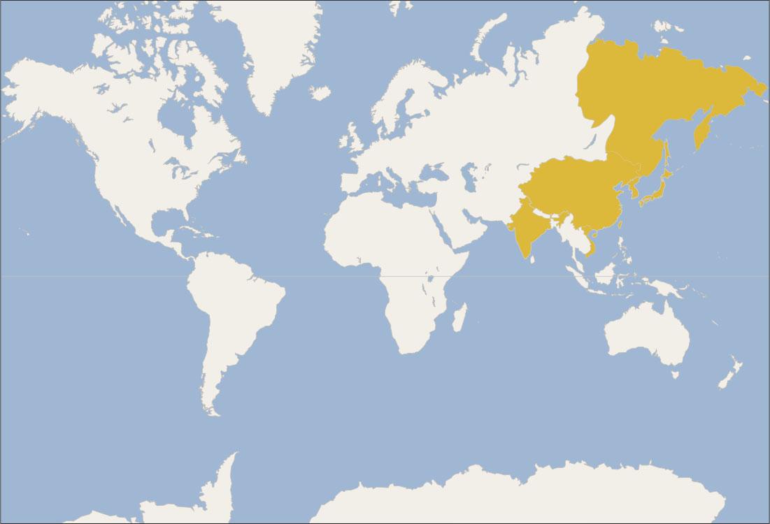 This locator map shows the world. Highlighted regions include northeastern Russia, India, China, Korea, and Japan.