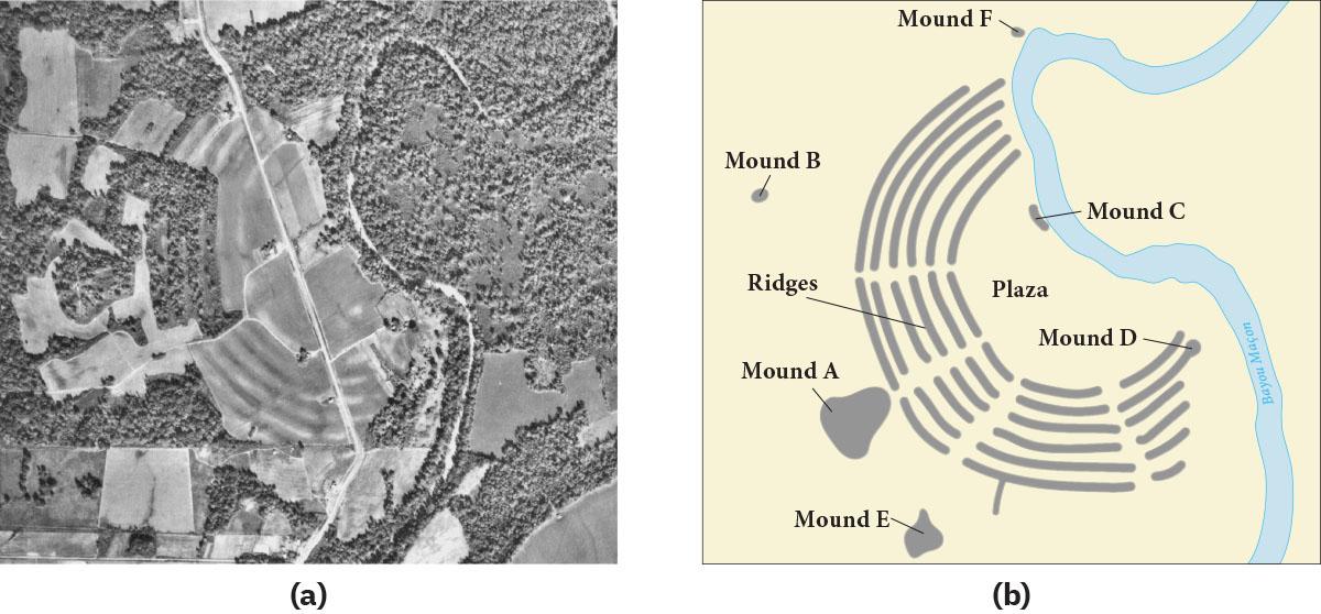 (a) An aerial picture and (b) a map are shown. (a) The black and white photo shows a forested area with a white road running in the picture from the bottom left to the top right. Flat lighter areas are strewn amidst the forested areas. “U” shaped lines are seen to the left of the road, some flat and some with trees. (b) A map is shown on a beige background. A hook-shaped thick blue line is labeled “Bayou Macon River” running the length of the right side of the map. Six rows of “C” shaped intermittent pink lines run to the left of the Bayou Macon River. The area in the space of the C is labeled “Plaza” while the individual lines are labeled “Ridges.” Toward the bottom of the second row is a circle shape attached to the gray line labeled “Mound D.” A rounded small rectangular shape sits to the left of the Bayou Macon River and is labeled “Mound C.” A small gray circle is located to the top right where the river hooks and is labeled “Mound F.” Another round gray circle is at the top left just south of the zig-zag lines and is labeled “Mound B.” A large rounded gray triangle shape is located behind the Ridges and is labeled “Mound A.” A small gray shape is located at the bottom and labeled “Mound E.”