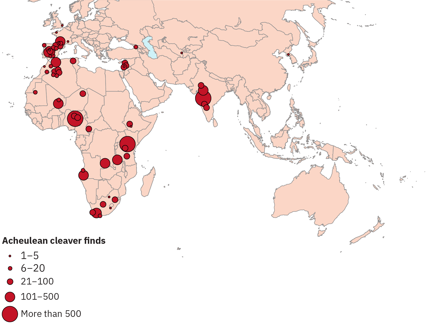 Marks indicating the number of Acheulean cleaver finds imposed on a map of Europe, Asia, and Africa. There are clusters of finds in Spain, India, and certain areas of Africa.