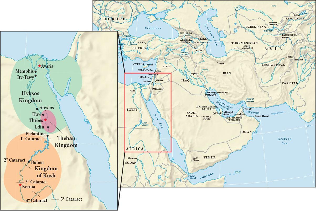 Two maps are shown. The map on the right shows the Middle East, southeast Europe, southwest Asia, and northeast Africa along with the Black Sea, the east corner of the Mediterranean Sea, the Red Sea, the Caspian Sea, the Persian Gulf (Arabian Gulf), the Gulf of Oman, the Gulf of Aden, and the Arabian Sea. The countries within these areas are labeled as well as the capital of each country. A rectangular area in northeast Egypt including the Red Sea and northwest Saudi Arabia, Jordan, Israel, and part of Iraq and Syria is shown with a red border and enlarged in the second map on the left. This map shows a circular area in northeast Egypt, western Jordan, and Western Saudi Arabia highlighted in green and labeled “Hyksos Kingdom.” Within this area the cities of Avaris, Memphis, Ity-Tawy, Abydos, Huw, Thebes and Edfa are labeled along the Nile River. A small circular area in the lower portion of the green circle is colored pink and labeled “Theban Kingdom.” The cities of Huw, Thebes, and Edfa are located in this dotted area. South of the green area is a circular area highlighted orange and labeled “Kingdom of Kush.” Within this area are the cities of Buhen and Kerma. Along the Nile River there are labels with 1° Cataract, 2° Cataract, 3° Cataract, 4° Cataract, and 5° Cataract starting south of the city of Elefantina and ending far south of the city of Kerma. The city of Elefantina is labeled in between the green and orange areas on the Nile River.