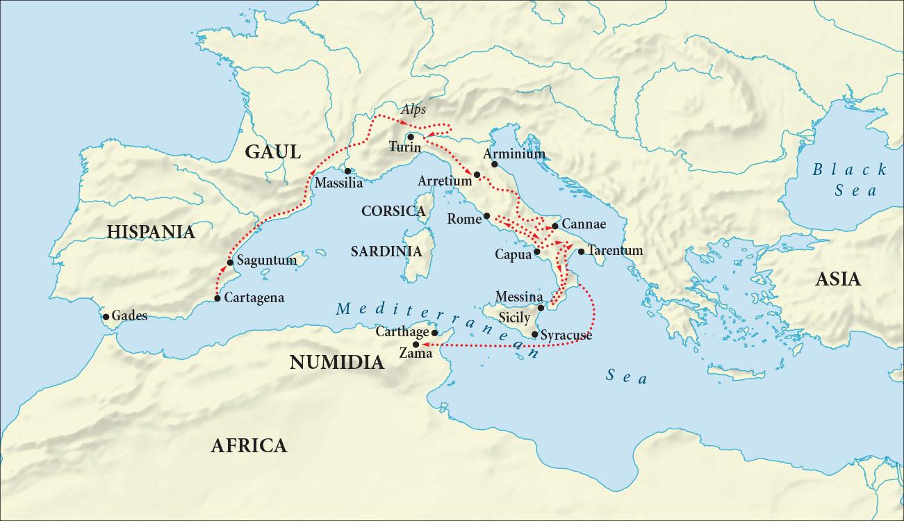 A map is shown with water highlighted blue and land highlighted yellow. The Atlantic Ocean is shown in the west, the Mediterranean Sea is shown in the middle and the Black Sea is labelled in the east. A small area of land in the east middle of the map is labelled “Asia.” And the land across the bottom of the map is labelled “Africa.” An area at the north of Africa is labelled Numidia. “Hispania” is labelled at the west of the Mediterranean and “Gaul” is labelled northeast of that. In the middle of the Mediterranean two islands are labelled “Corsica” and “Sardinia.” A red dotted arrowed line begins in Cartagena in Spain and heads north to Saguntum, then north through Gaul past the city of Massilia on the coast and up toward an area labelled “Alps.” The line heads east past the city of Turin and backtracks west toward Turin. Then it heads southeast to the city of Arretium. South of Arretium it heads in a zig zag fashion toward the city of Cannae on the east coast of a boot shaped country. The line zigs back and forth between the cities of Rome, Capua, Tarentum, and Messina. It makes an arc heading southeast away from the bottom of the country then heads straight west past the city of Syracuse and Sicily to the city of Zama in the area labelled “Numidia.” The city of Gades is labelled in the south of Hispaniola.