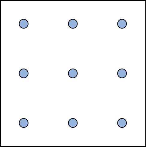 A square shaped outline contains three rows and three columns of dots with equal space between them.