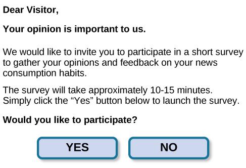 A sample online survey reads, “Dear visitor, your opinion is important to us. We would like to invite you to participate in a short survey to gather your opinions and feedback on your news consumption habits. The survey will take approximately 10-15 minutes. Simply click the “Yes” button below to launch the survey. Would you like to participate?” Two buttons are labeled “yes” and “no.”