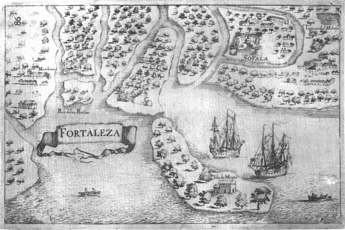 A drawing of a map is shown. It is labeled “Fortaleza.” It shows many waterways cutting the land into smaller areas, some becoming islands. Trees and houses are drawn on the land. An area at the top right of the map surrounded by water is labeled ‘Sofala.’ Along the bottom of the map two large ships and two small boats are shown floating in the water