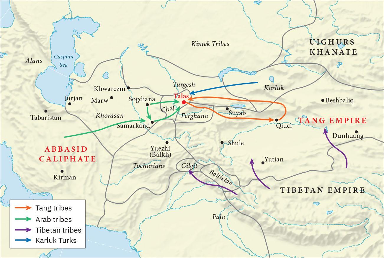 A map is shown with land in beige and water in blue. The Caspian Sea is labelled in the northwest. In the northeast, an area is labelled “Uighurs Khanate.” South of that in the east, an area is labelled “Tang Empire” in red and south of that an area in the southeast is labelled “Tibetan Empire.” In the west, an area south of the Caspian Sea is labelled “Abbasid Caliphate” in red. West of the Caspian sea, there is a label for Alans and far east of the Sea is a label for the Kimek tribes. South east of the Caspian Sea are labels for these areas, from west to east: Khorasan, Chaj, Turgesh, Ferghana, and Karluk. East of the Abbasid Caliphate are labels for these areas, from west to east: Tocharians, Gilgit, Baltistan, and Pala. Cities labelled with a black dot include, from west to east:  Tabaristan, Jurjan, Marw, Khwarezm, Sogdiana, Samarkand, Yuezhi (Balkh), Shule, Suyab, Yutian, Qiuci, Beshbaliq, and Dunhuang. The city of Talas, marked with a red dot and labelled in red is located in the middle of the map. A solid orange line indicating “Tang tribes” runs from the city of Talas east to the city of Qiuci and then back to Talas by a more northern route. A green arrow indicating “Arab tribes” begins in the northern part of the Abbasid Caliphate and runs east to Samarkand, then east toward Talas. Two green arrows begin in Sogdiana and one heads south to Samarkand while the other heads east to Talas. Three purple lines indicating “Tibetan tribes” begin in the Tibetan Empire and head north, one toward Gilgit, one west of Yutian, and one toward the Tang Empire.