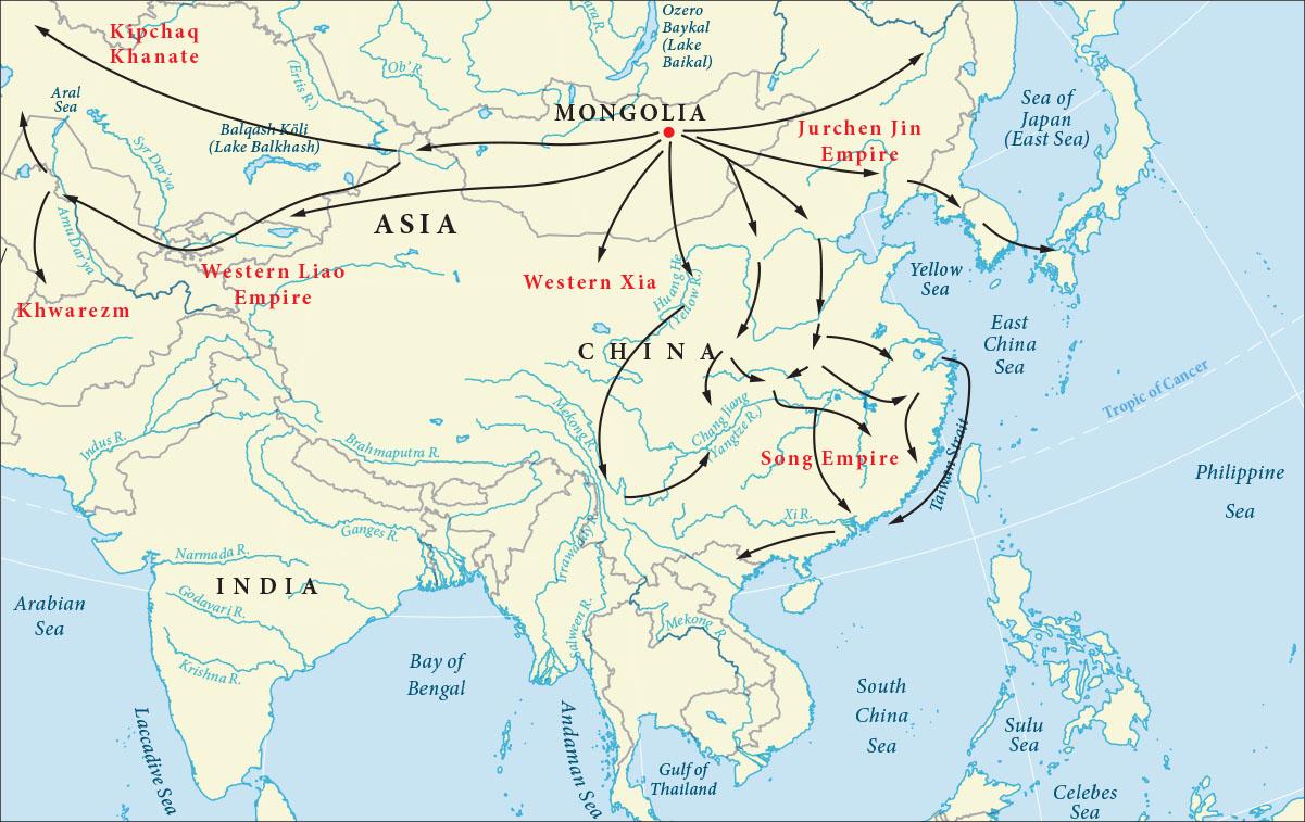 A map of Asia is shown. In the southwest, the Arabian Sea and the Laccadive Sea are labelled. In the south, the Bay of Bengal, the Andaman Sea, the Gulf of Thailand, and the South China Sea are labelled. In the southeast, the Sulu Sea, the Celebes Sea, and the Philippine Sea are labelled. In the northeast, the Taiwan Strait, the East China Sea, the Yellow Sea, and the Sea of Japan (East Sea) are labelled. Many rivers are also labelled throughout the map. In the north, the Ozero Baykal (Lake Baikal) is labelled. India is labelled in the southwest, Mongolia is labelled in the north, and China is labelled in the east. In northwest Asia, an area is labelled “Kipchaq Khanate,” north of the Aral Sea and the Balqash Koli (Lake Balkhash). In the west, two areas are labelled “Khwarezm” and “Western Liao Empire.” In northern China, an area is labelled “Western Xia” and in southeastern China an area is labelled “Song Empire” by the Taiwan Strait. In eastern Mongolia, an area is labelled “Jurchen Jin” west of the Sea of Japan. From a red dot in Mongolia, seven black arrows head in various directions throughout Asia. Two head west – one toward the Western Liao Empire and the other one splitting into two – one northwest to the Kipchaq Khanate and one to the Western Liao Empire and then splitting into a north and south arrow, the south heading toward Khwarezm. Three arrows head south toward China, and crisscross throughout the Song Empire, as well as one going through the Taiwan Strait. The last two arrows head east, then one heads northeast and the other through the Jurchen Jin Empire and into the island east of the Sea of Japan.