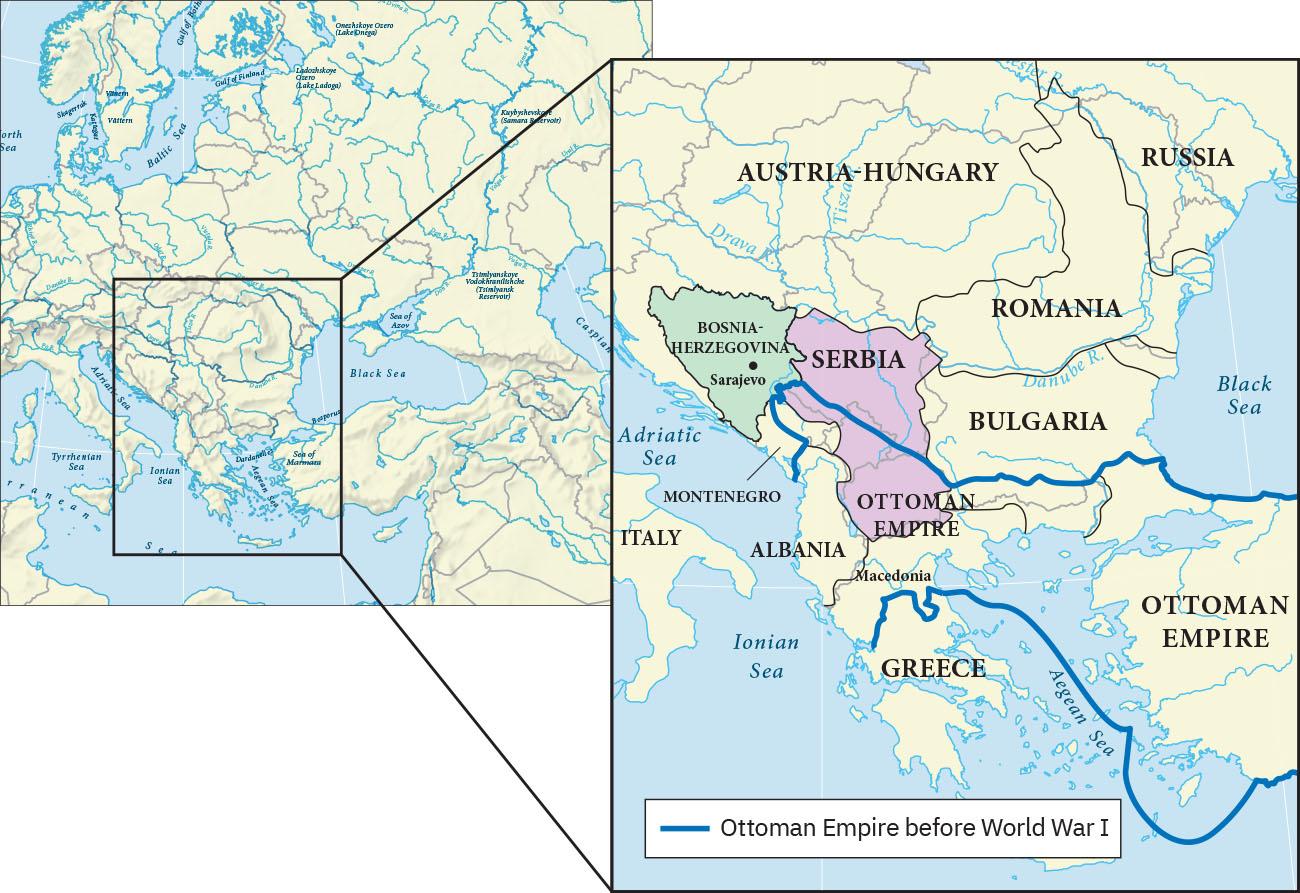 This is a set of two maps. The first map shows where the Balkans are located in a larger map of Europe. The second map is a closeup map of the Balkans that shows the location of Austria-Hungary, Russia, Romania, Bosnia-Herzegovina, Serbia, Bulgaria, the Ottoman Empire, Montenegro, Italy, Albania, Macedonia, and Greece. The Black Sea, Aegean Sea, Ionian Sea, and Adriatic Sea, are also labeled. The map includes a border through Greece, Bulgaria, Serbia, and Montenegro that is labeled Ottoman Empire before World War I.