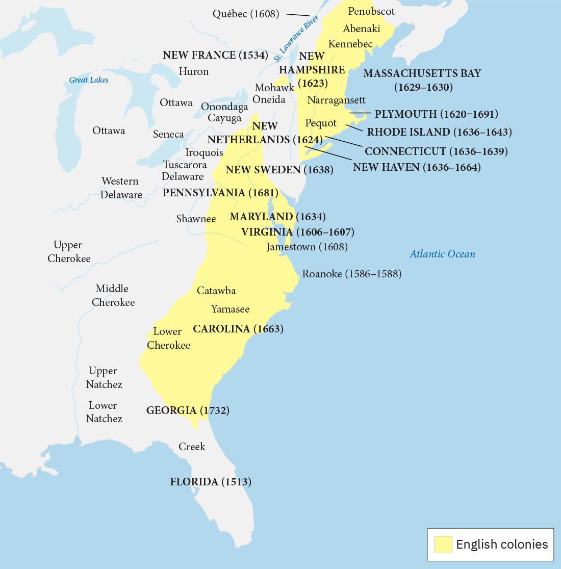 A map is shown of the southeastern coast of Canada and the eastern coast of the United States. An area in Canada, from the Atlantic Ocean on the east to the St. Lawrence River in the west, from Penobscot in the north, heading south through Abenaki and Kennebec in Canada, down through Narragansett and Pequot in the US is highlighted yellow, indicating “English colonies.” A small piece next to Mohawk Oneida is also highlighted yellow. Locations labeled in this area, from north to south, are: New Hampshire 1623, Plymouth (1620-1691), Rhode Island 1636–1643, Connecticut 1636–1639, and New Haven 1636–1664.  In the Atlantic Ocean to the east the map is labeled: Massachusetts Bay 1629-1630. Another yellow area runs from just east of the Great Lakes south to Georgia, east to the Atlantic Ocean and west to the Lower Cherokee. It is labeled, from north to south: New Netherlands 1624, New Sweden 1638, Pennsylvania 1681, Maryland 1634, Virginia 1606–1607, Carolina 1663, and Georgia 1732. Locations in this area include Jamestown (1608), Roanoke (1586–1588), Catawba, Yamasee, and Lower Cherokee. The rest of the map is not highlighted with these areas labeled, from north to south: Quebec (1608),  Huron, Ottawa, Onondaga Cayuga, Ottawa (twice), Seneca, Iroquois, Tuscarora Delaware, Western Delaware, Shawnee, Upper Cherokee, Middle Cherokee, Upper Natchez, Lower Natchez, and Creek. New France 1534 is in the north next to Huron, and Florida 1513 is in the south next to Creek.