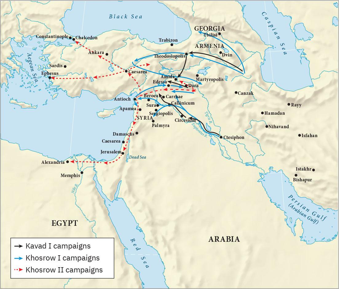 A map is shown of the northeastern tip of Egypt, Arabia, and the land north up to the Black Sea, the Caspian Sea at the east and the Aegean Sea to the west. The Persian Gulf (Arabian Gulf) is seen in the southeast portion of the map and the Red Sea is seen in the southwest. Black arrows are seen throughout the map indicating “Kavad I campaigns.” A black arrow begins southeast of the city of Dvin in Armenia and heads west to Theodosiopolis then south to Amida. Southeast of Amida a black arrow begins at Dara and heads west to Edessa. In the southern portion at the city of Ctesiphon along the Tigris River a black arrow begins and travels north along the Euphrates River to Circesium and then through the city of Callinicum and north past Carrhae. Blue arrows are seen on the map indicating “Khosrow I campaigns.” Two blue arrows begin in the same area southeast of Dvin. One blue arrow heads northwest past Tbilisi in Georgia and the other heads toward Theodosiopolis and west almost reaching the city of Caesarea, and then swings back east past Amida and then heads south of Martyropolois. A blue arrow heads from south of Dara west to an area south of Edessa while a blue arrow starts in Antioch and heads east to Edessa and then on to Dara. The final blue arrow begins in Ctesiphon and heads north along the Euphrates River past Circesium and then splits, one going north almost to Edessa. The other blue arrow heads through Callinicum and then splits, one going south past Sergiopolis in Syria and the other heading west past Sura and Beroea and on to Antioch, then south to Apamea. Red dashed arrows are shown indicating “Khosrow II campaigns.” Three red dashed arrows all begin in Antioch. One heads north to Caesarea where it splits – one heading east, one heading north past Ankara and on to Chalcedon, and one heading west to Ephesus on the Aegean Sea. Another red dashed arrow leaves Antioch and heads east toward Dara and then a bit northwest to Amida, and then is also shown heading back from Dara to Antioch. The last red dashed arrow heads south from Antioch past Apamea, Damascus, Caesarea (different from the one in the north), Jerusalem and then heads west to Alexandria.