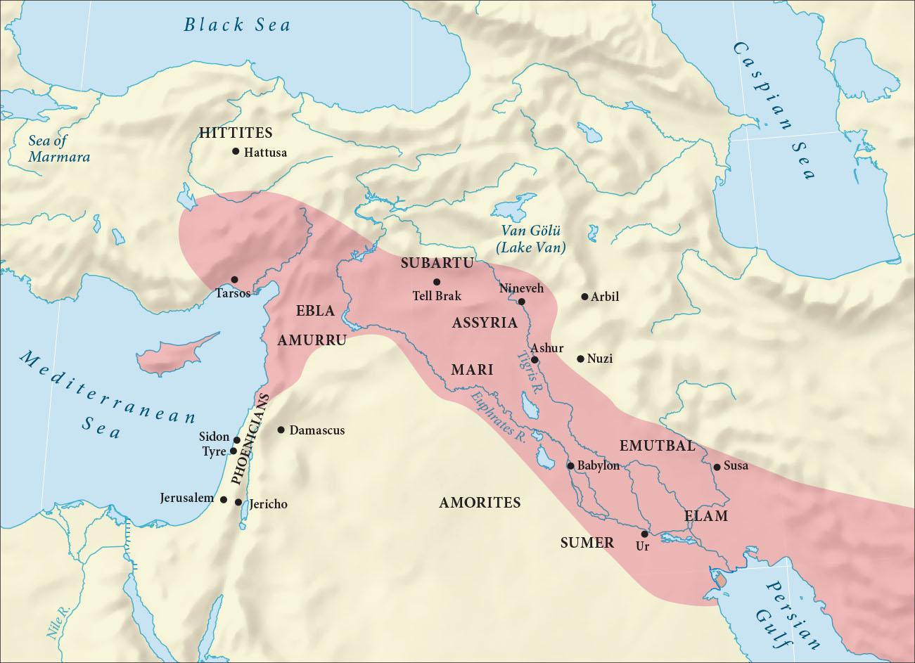 Two maps are shown. The map on the left shows land in gray and water in white. A small area is highlighted with a box and then enlarged on the right. The map on the right shows land in a beige color and water in blue. The Diyala River, the Karkeh River, the Tigris, and the Euphrates River are labelled in the northern half of the map, and the Tigris River and the Euphrates River are labelled in the southern half of the map. In the northwest there is an area labelled “Land of Subartu” with a black arrow pointing to the northwest. Below that a bit to the east is land labelled “Akkad” and the “Arabian Desert” is labelled in the southwest. In the middle of the map the land is labelled “Sumer.” The “Land of Dilmun” is labelled and a black arrow points southeast from there. The “Land of Elam” is labelled in the east with a black arrow pointing east and the “Zagros Mountains” are labelled in the northeast. A black dashed line is seen in the northwest running from the city of Samarra southeast past Akkad and then back up again to Samarra. Water in the southwest and south is highlighted with blue dashed lines along to the west of the Euphrates River. Other cities indicated on the map, from north to south are: Eshnunna, Rapiqum, Turub, Akshak, Der, Sippar, Kutha, Jemdet Nasr, Babylon, Kish, Larak, Borsippa, Dilbat, Mashkan-shapir, Nippur, Marad, Puzrish-Dagan, Adab, Isin, Kisurra, Shuruppak, Zabala, Umma, Girsu, Nina, Bad-nibria, Lagash, Uruk, Kutalla, Larsa, Ubaid, Ur, Eridu, and Kuara.