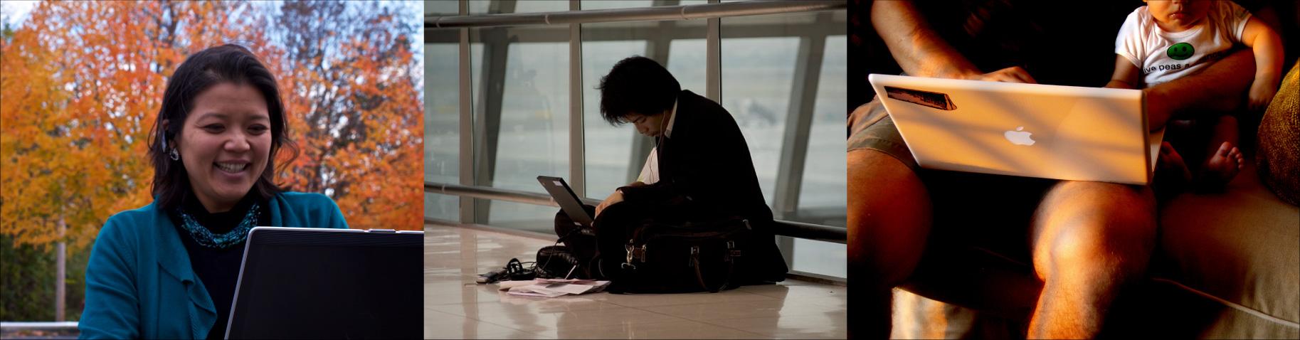 A collage of three color photographs is shown. From left to right appear a person in front of a laptop computer sitting outdoors, a person sitting on the floor with a laptop, and a person sitting on the couch with a small child and a laptop.