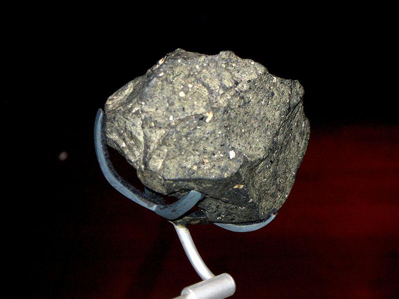 A color photograph of a rock held in the prongs of a metal display stand. The rock shines with prominent flecks of a shiny, gold-colored material.