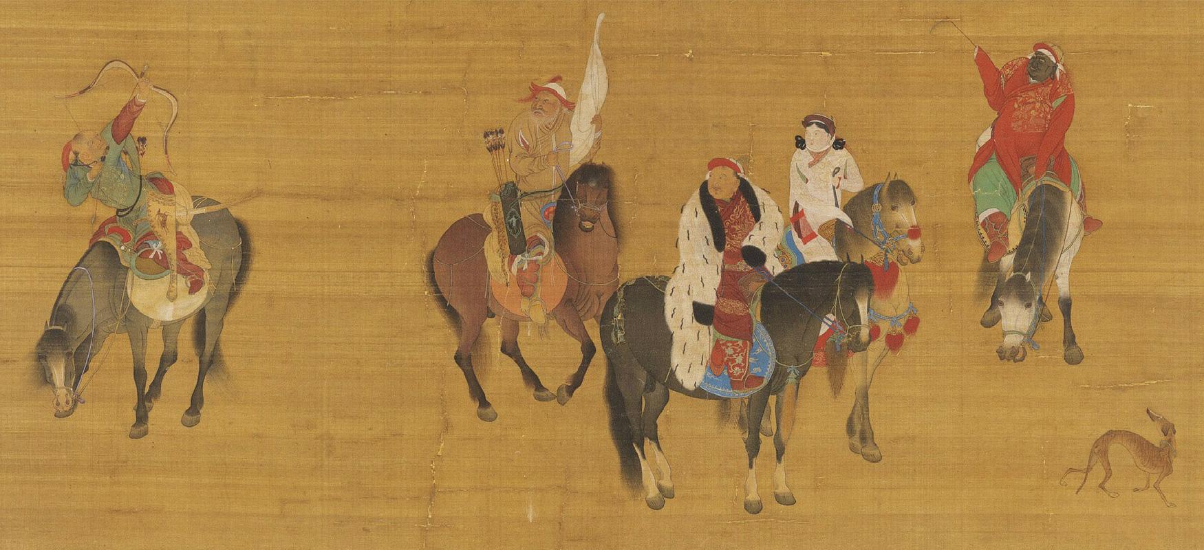 An image painted on a lightly striped mustard yellow background is shown. Cracks run throughout the image. Five people are shown sitting on horses and a small, thin, brown dog is shown in the right foreground corner looking at the people. At the left, a figure on a light black horse looks up at the sky, aiming a bow and arrow up. He wears a light blue long robe over a red long sleeved shirt and red stockings. His shoes are red and a beige and brown decorated arrow sheath hangs at his left side as well as a light brown sword sheath. His hair is pulled into a tight ponytail at the top of his head and encased in a red cloth. In the middle, three figures sit on horses looking at the figure at the left. The first figure wears a long beige robe with brown and beige boots and a white cap with red projections on three sides and a red topper. He holds a white flag rolled up on a pole and holds the reins of the horse tightly. He has a white beard, thick cheeks, a black and blue sheath of arrows at his right side, and sits atop a brown horse with its teeth baring. The figure in the middle of this group wears a long, thick white coat with black wavy dashes all over and a thick black collar and black trim over a maroon highly decorated robe. He has a round face, tiny facial features that are barely visible, wears a red and white cap and sits atop a black horse with a decorated blue saddle. The third figure in this group has a very pale face, tiny black eyes and red lips, and black hair in pigtails under a brown flat hat. They wear a white robe and sit atop a brown horse with decorative blue reins and red heart tassels on their snout and hanging from the reins. A figure in the right corner is a large dark skinned person sitting atop a gray and white horse. The horse looks down while the figure holds on to the reins. He is dressed in a gold decorated red robe, green undershirt, red boots, and red and beige hat. His face shows thick cheeks, white eyes, and a large nose. He holds a whip in his right hand in the air.