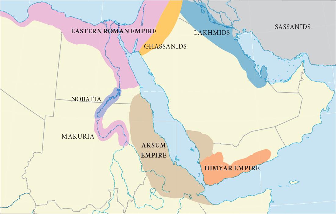 A drawing of a map is shown. Land is shown to the west with a peninsula of land next, and then a small area of land in the northeast. Water is shown at the north and around the peninsula in the south. An area along the coast of the water in the top left of the map is highlighted pink in a “Y” shape and labeled “Eastern Roman Empire.” Extending out from the bottom of the “Y” shaped pink area along a river is an oval area highlighted purple and labeled “Nobatia.” Connecting to the bottom of the purple area is a small “S” shaped area highlighted pink labeled “Makuria.” In the middle of the map at the top there is an oval area under the pink area highlighted yellow and labeled “Ghassanids.” To the right of that in a long, thin oval is an area highlighted blue and labeled “Lakhmids.” East of that is a gray area labeled “Sassanids.” South of the pink area is a brown oval area along the coast and a small rounded area on the western part of the peninsula labeled “Aksum Empire.” To the east of that is an orange area along the southern coast of the peninsula labeled “Himyar Empire.”