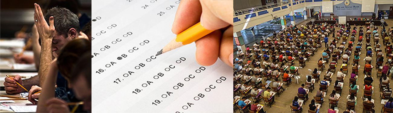 Three photos side by side from left to right show someone looking stressed while taking an exam, a close up of an answer sheet, and a room full of people taking an exam.